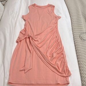 OWIN Sleeveless Crewneck Bodycon Ruched Tie Waist Mini Dresses Peach Medium